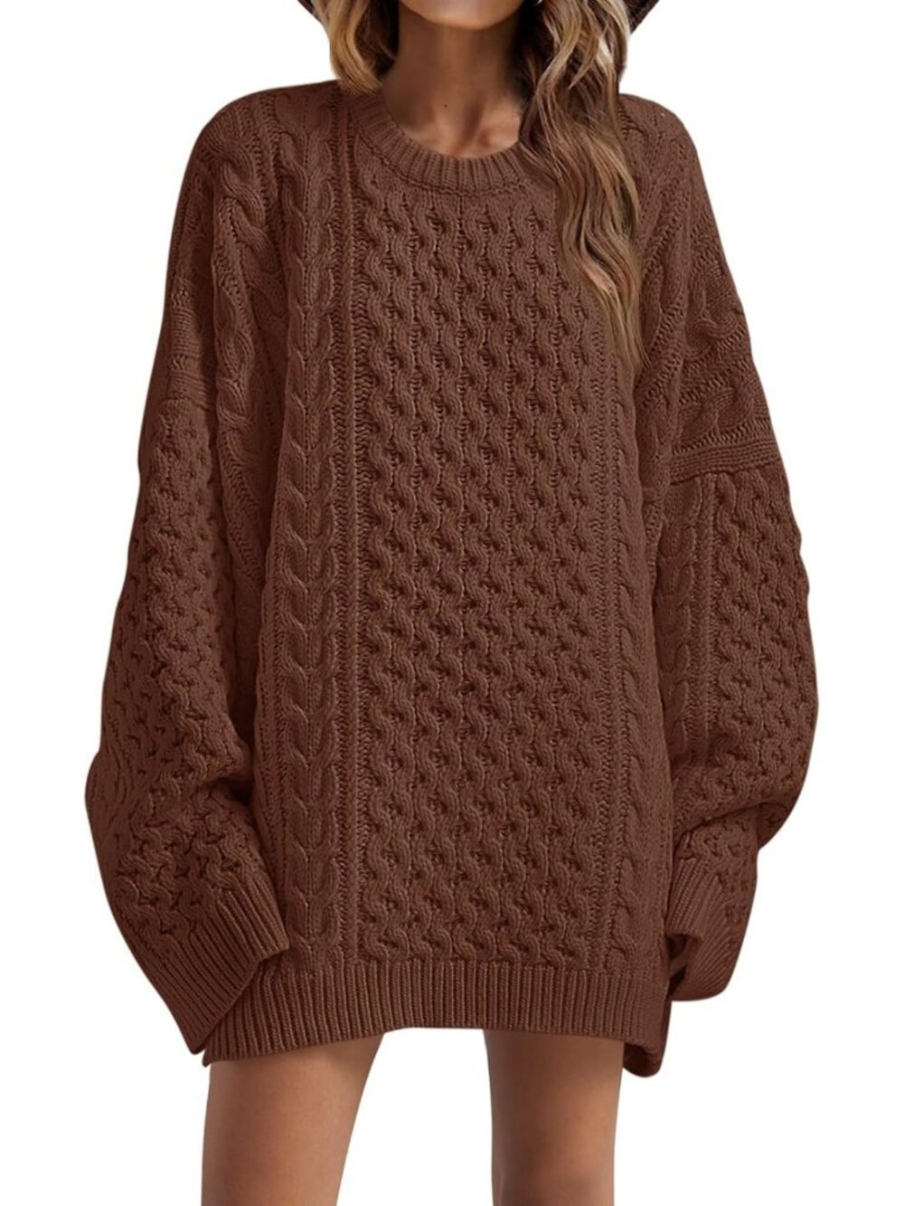 Women's Brown Oversized Sweaters Chunky Cable Knit Tunic Long Winter Sweater